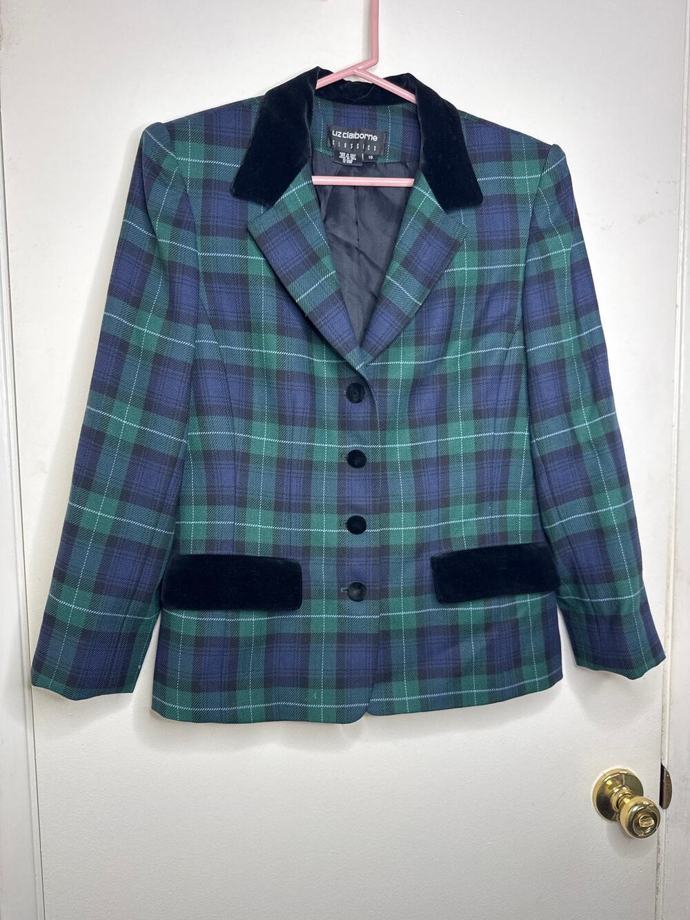 VTG 90s Liz Claiborne 100% Wool Tartan Plaid Blazer with Velvet Collar - Size 10